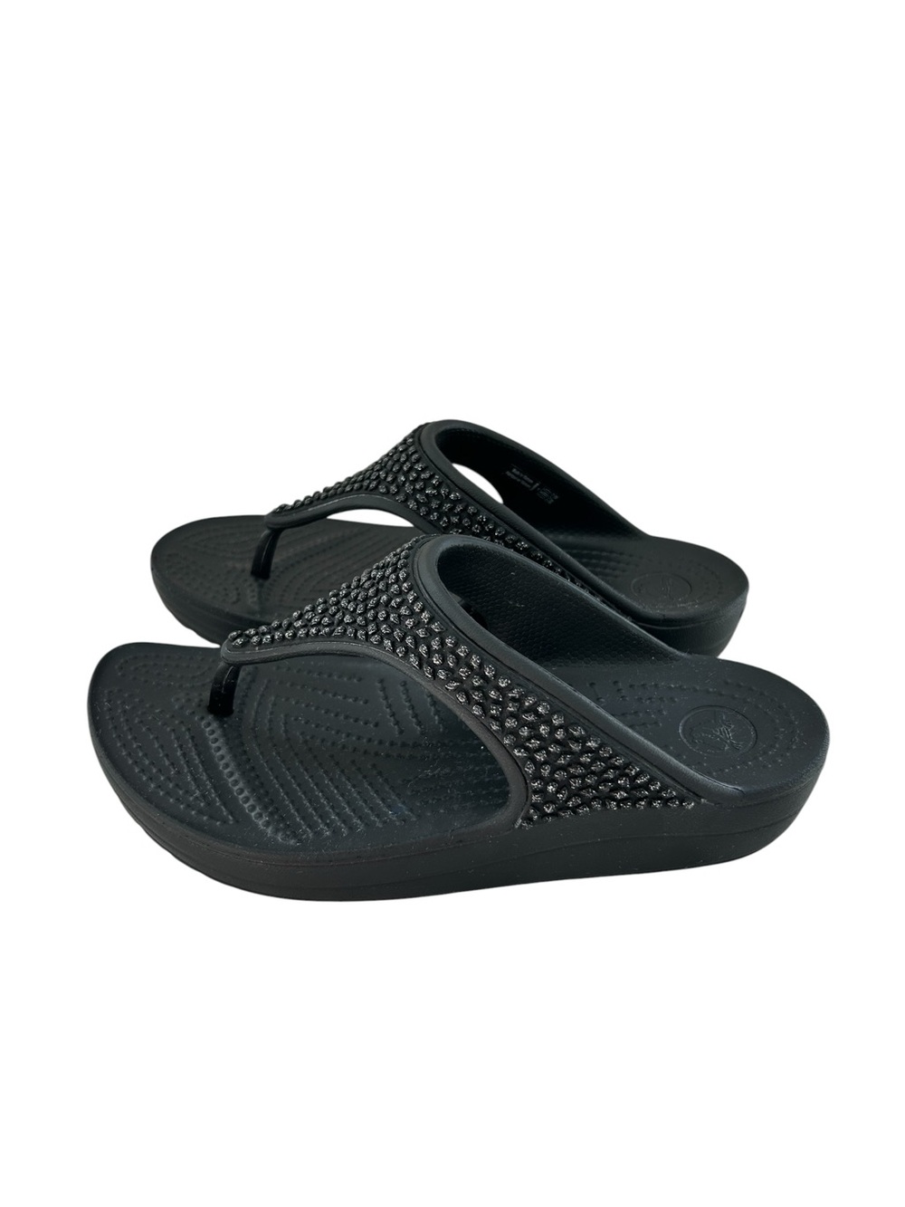 CROCS Black + Silver Metallic Rhinestones Thong Sandals 6